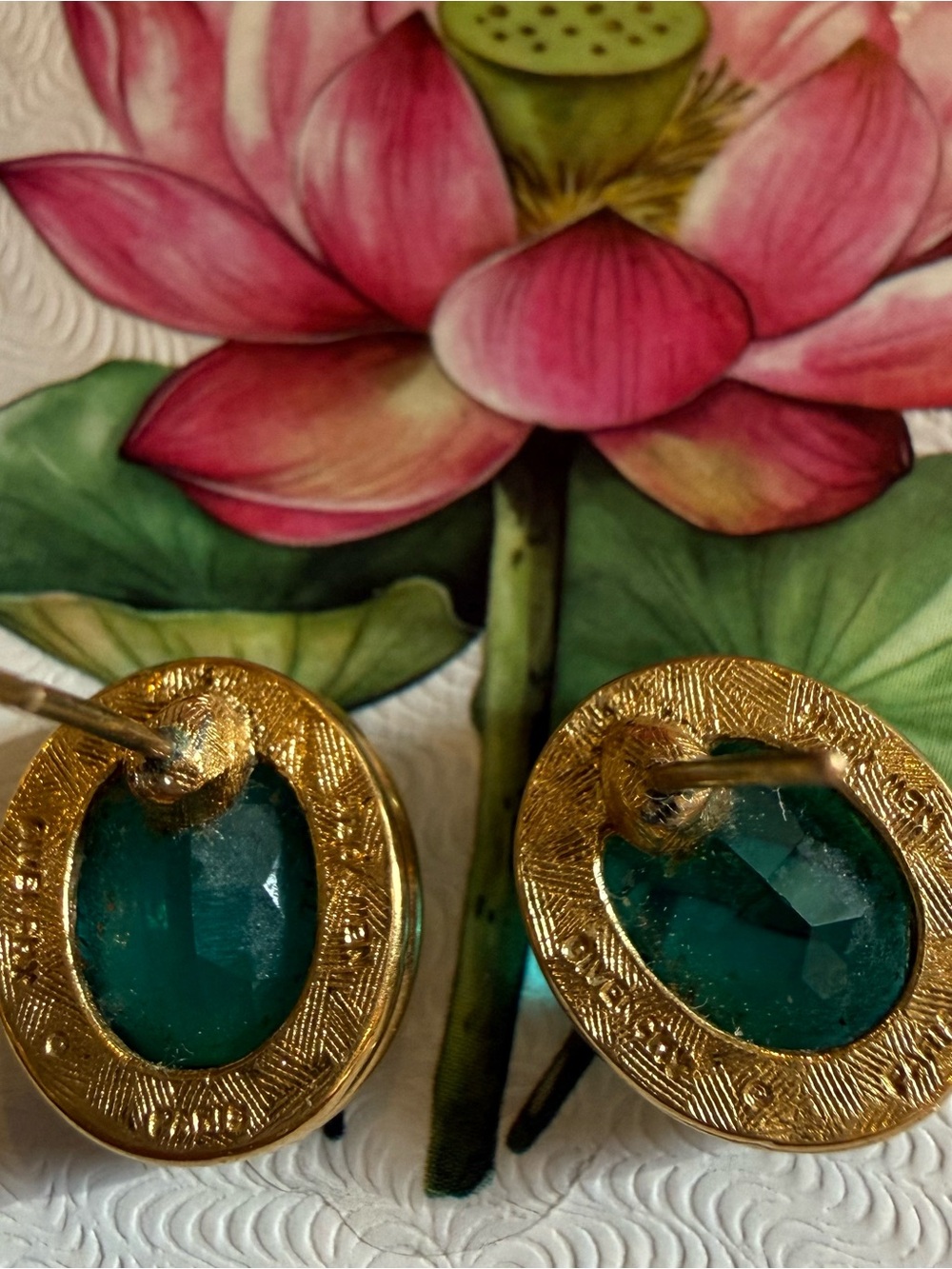 Vintage “ Givenchy” Earrings multi faceted Teal Green Glass Cabochon - Picture 3 of 10